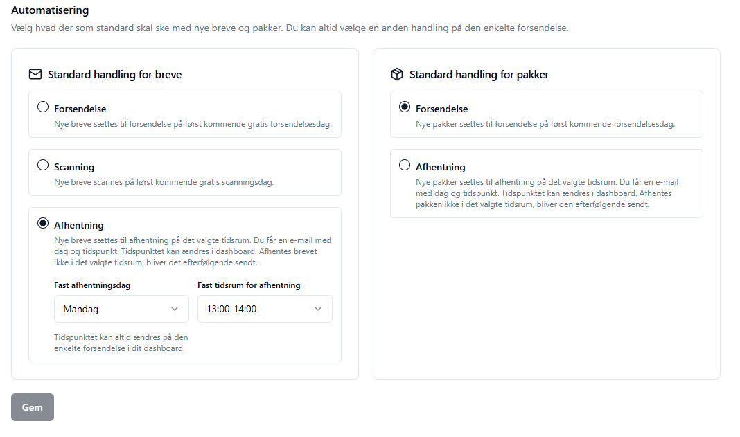 Indstillinger for automatisering af standardhandling for breve og pakker