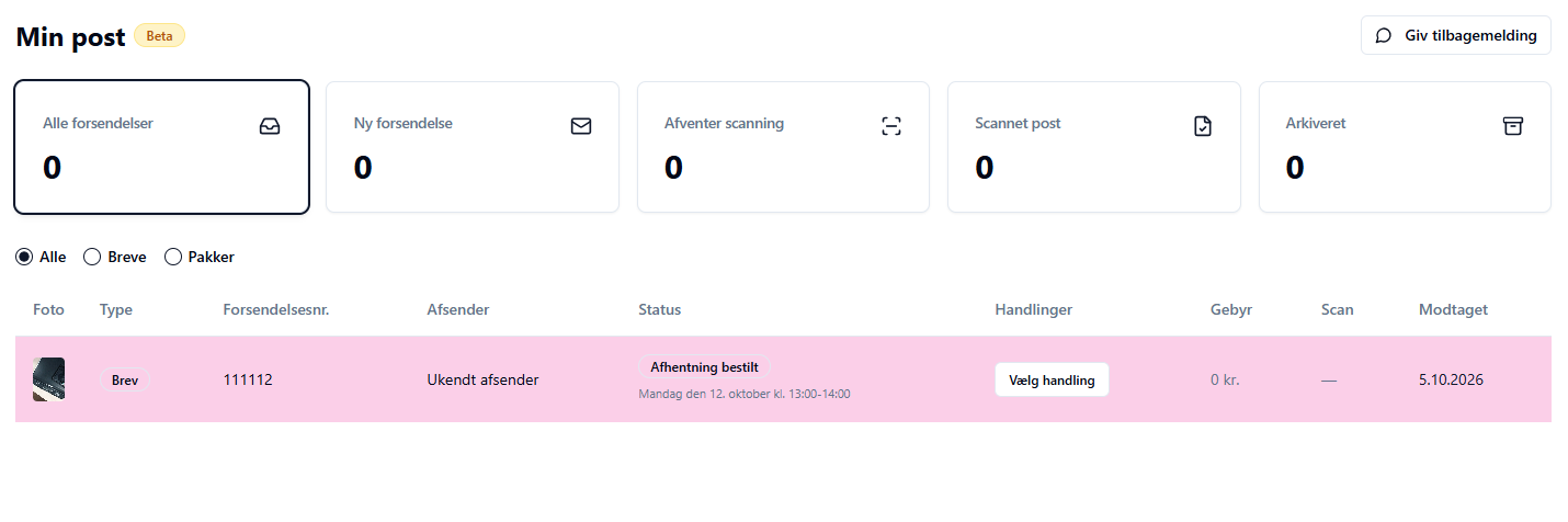 Oversigten 'Min post' i Flexums digitale postkasse med status for et brev